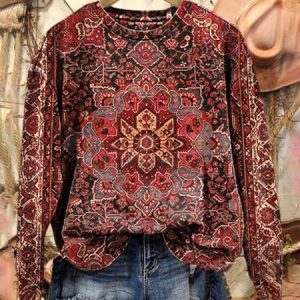 Women's Crew Neck Ethnic Casual Spring/Fall Long Sleeve Sweatshirt, JustFashionNow Sweatshirts & Hoodies, color:Red|size:XXL,