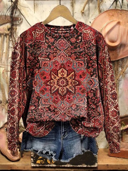 Women's Crew Neck Ethnic Casual Spring/Fall Long Sleeve Sweatshirt, JustFashionNow Sweatshirts & Hoodies, color:Red|size:XXL,