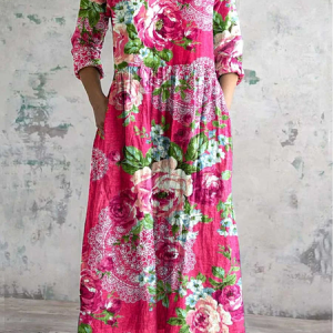 Women's Floral Long Sleeve Spring/Fall Printing Dress V Neck Daily Casual Maxi T-Shirt Dress A-Line Dress, JustFashionNow Casual Dresses, color:As Picture|size:XXL,