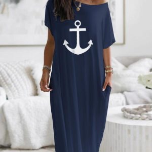 Anchor Print Cold Shoulder Short Sleeve Dress Casual Pocket Design Loose Fit Maxi Dress, women Casual Dresses, ChicMe catalog