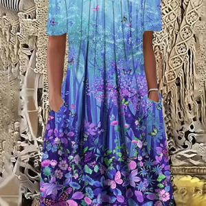 Women's Floral Short Sleeve Summer Printing Dress Crew Neck Daily Casual Midi Fit & Flare Dress H-Line Dress, JustFashionNow Casual Dresses, color:As Picture|size:4XL,