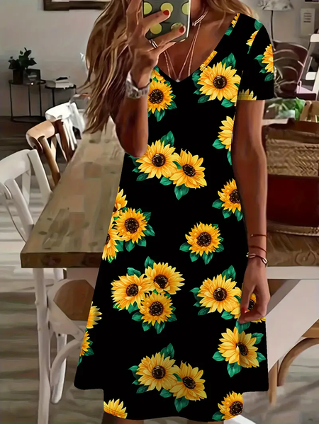 Women's Floral Spring Print Casual V-Neck Short Sleeve Dress, Dresses, Lilicloth.com - Image 8
