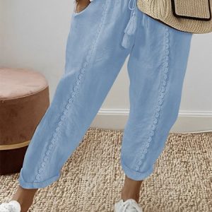 Women's Plain Long Elastic Waist Pant Casual Spring/Fall Trousers, JustFashionNow Pants, color:Blue|size:XXL,