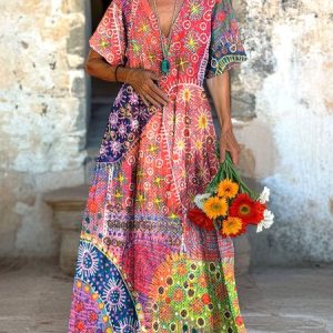 Women Floral V Neck Short Sleeve Comfy Casual Maxi Dress, Maxi, color:Red|size:4XL, catalog Noracora shop