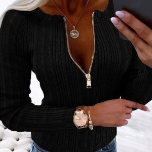 Crewneck Long Sleeve Versatile Ribbed Pullover Top Half Zipper Slim Fit Brushed Layering Top, women T-shirt & Tees, ChicMe catalog