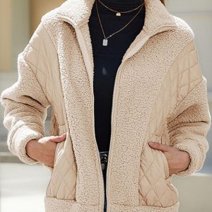 Women's Pocket Design Patchwork Long Sleeve Fluffy Teddy Puffer Coat, women Jackets & Coats, ChicMe catalog