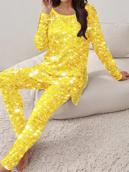 Women's Jersey Geometric Daily Going Out Two Piece Set Long Sleeve Casual Spring/Fall Top With Pants Matching Set, JustFashionNow Suit Set, color:Yellow|size:XXL,