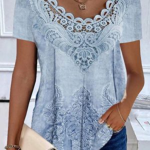 Plus Size Casual Lace Crew Neck Nationality/Ethnic Shirt, JustFashionNow Shirts & Blouses, color:Blue|size:4X,