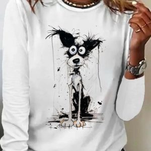 Women's Long Sleeve Tee T-shirt Spring/Fall Dog Cotton Crew Neck Daily Going Out Casual Top, JustFashionNow T-Shirts, color:White|size:XXL,