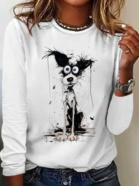 Women's Long Sleeve Tee T-shirt Spring/Fall Dog Cotton Crew Neck Daily Going Out Casual Top, JustFashionNow T-Shirts, color:White|size:XXL,