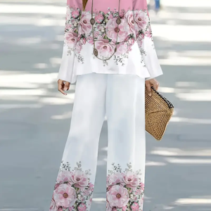 Women's Floral Printing Two-Piece Set Daily Long Sleeve Casual Spring/Fall Top With Pants Matching Set, JustFashionNow Suit Set, color:As Picture|size:XXL,
