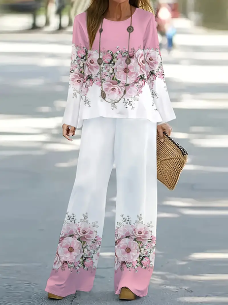 Women's Floral Printing Two-Piece Set Daily Long Sleeve Casual Spring/Fall Top With Pants Matching Set, JustFashionNow Suit Set, color:As Picture|size:XXL,