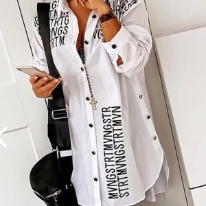 Letter Print Slit Back Buttoned Detail Shirt, women Blouses & Shirts, ChicMe catalog