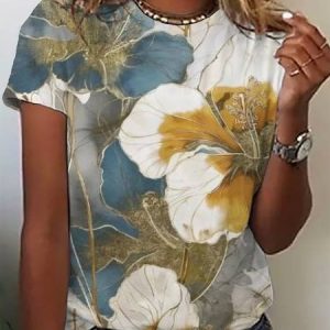 Women's Short Sleeve Tee T-shirt Summer Floral Jersey Crew Neck Daily Going Out Casual Top, JustFashionNow T-Shirts, color:Yellow|size:XXL,