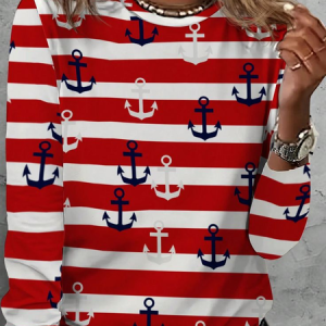 Women's Striped Long Sleeve Tee T-shirt Crew Neck Printing Casual Spring/Fall Graphic Tee Top, JustFashionNow T-Shirts, color:Red|size:3XL,