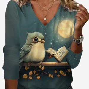 Women's Long Sleeve Tee T-shirt Spring/Fall Bird Jersey V Neck Daily Going Out Casual Top, JustFashionNow T-Shirts, color:Dark Green|size:XXL,