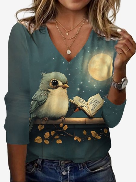 Women's Long Sleeve Tee T-shirt Spring/Fall Bird Jersey V Neck Daily Going Out Casual Top, JustFashionNow T-Shirts, color:Dark Green|size:XXL,