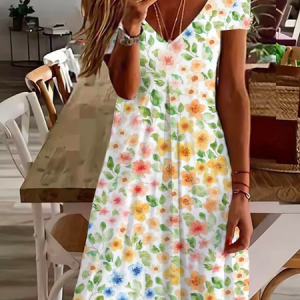 Women's Floral Spring Print Casual V-Neck Short Sleeve Dress, Dresses, Lilicloth.com