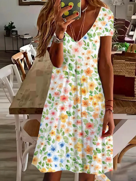 Women's Floral Spring Print Casual V-Neck Short Sleeve Dress, Dresses, Lilicloth.com