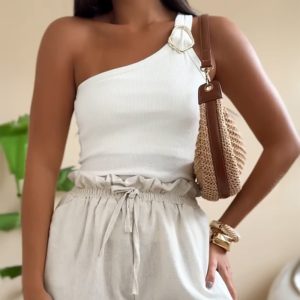 One-Shoulder Goldren Decor Casual Slim Fit Ribbed Top, women Tanks & Crop Tops, ChicMe catalog