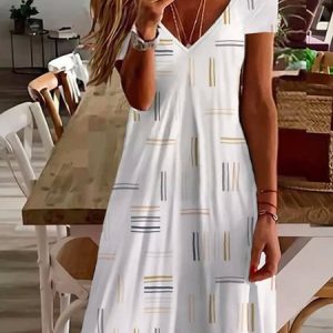 Women's Striped Short Sleeve Summer Printing Dress V Neck Daily Casual Knee Length T-Shirt Dress H-Line Dress, JustFashionNow Casual Dresses, color:White|size:XXL,