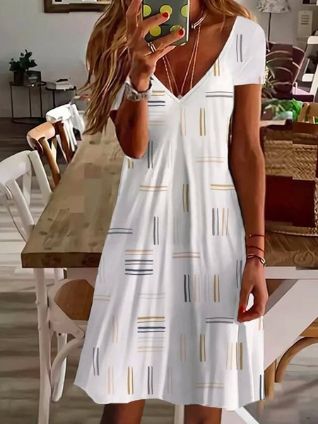 Women's Striped Short Sleeve Summer Printing Dress V Neck Daily Casual Knee Length T-Shirt Dress H-Line Dress, JustFashionNow Casual Dresses, color:White|size:XXL,