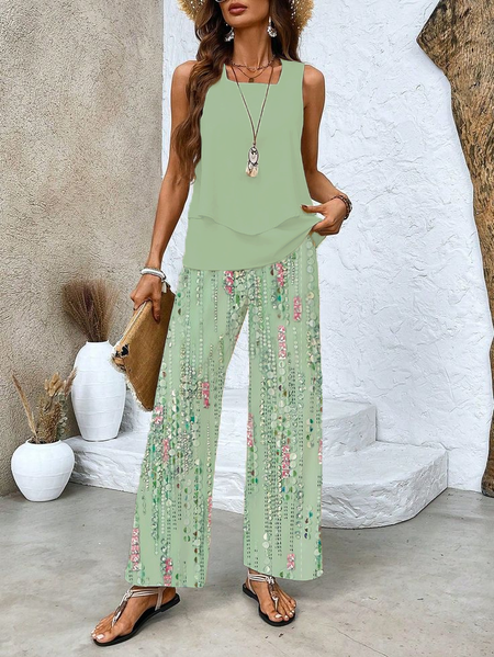 Women's Floral Spring Print Casual Tank Top Pants Two Piece Suit, Two-pieces, Lilicloth.com - Image 2