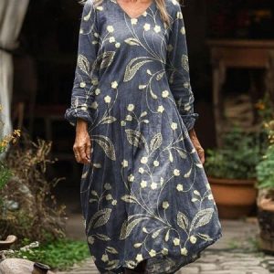 Women's 3D Printing Long Sleeve Spring/Fall Dress V Neck Daily Vintage Maxi T-Shirt Dress A-Line Dress, JustFashionNow Dresses, color:As Picture|size:XXL,