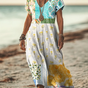 Women's Short Sleeve Summer Floral Printing Dress V Neck Daily Going Out Casual Maxi T-Shirt Dress H-Line Dress, JustFashionNow Casual Dresses, color:As Picture|size:4XL