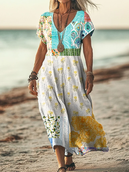 Women's Short Sleeve Summer Floral Printing Dress V Neck Daily Going Out Casual Maxi T-Shirt Dress H-Line Dress, JustFashionNow Casual Dresses, color:As Picture|size:4XL