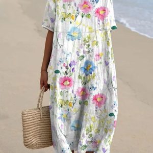 Women Floral Crew Neck Half Sleeve Comfy Casual Maxi Dress, Maxi, color:White|size:3XL, catalog Noracora shop