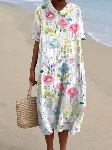 Regular Fit Floral Casual Cotton Dress With No Belt, Dresses, Lilicloth.com