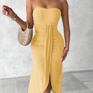 Strapless Ruched High Waist Wrap Split Asymmetrical Beach Maxi Long Dress, women Maxi Dresses, ChicMe catalog