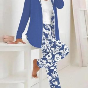 Women's Floral Daily Going Out Two Piece Set Long Sleeve Casual Spring/Fall Coat With Pants Matching Set, JustFashionNow Suit Set, color:Blue|size:XXL,
