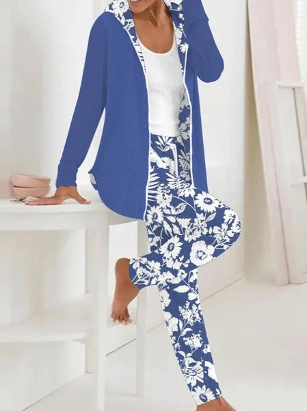 Women's Floral Daily Going Out Two Piece Set Long Sleeve Casual Spring/Fall Coat With Pants Matching Set, JustFashionNow Suit Set, color:Blue|size:XXL,