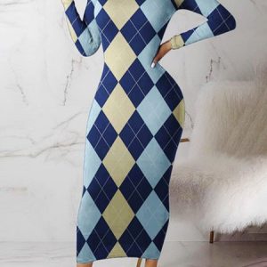 Urban Plaid Printing Crew Neck Maxi Dress, Maxi Dresses, color:As Picture|size:XXL, Stylewe