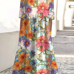 Women Floral Crew Neck Short Sleeve Comfy Casual Maxi Dress, Maxi, color:Apricot|size:4XL, catalog Noracora shop