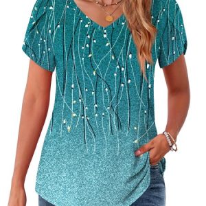 Casual Geometric V Neck Short Sleeve T-shirt, Shirts, color:Lake Blue|size:4XL, catalog Noracora shop