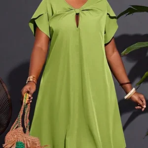 Urban Plain Petal Sleeve Bow Knee Length Dress, Mini Dresses, color:Green|size:XXL, Stylewe