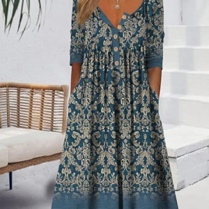 Women Floral Summer Printing Dress Half Open Collar Half Sleeve A-Line Dress, Dresses, color:Blue|size:5XL, catalog Noracora shop