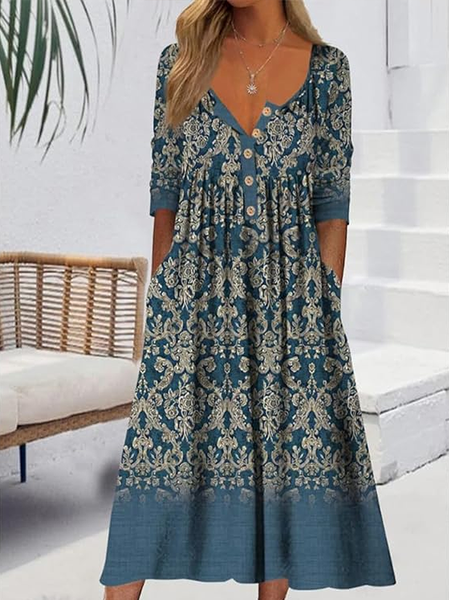 Women Floral Half Sleeve Summer Printing Dress Half Open Collar Daily Casual Maxi A-Line Dress, JustFashionNow Casual Dresses, color:Blue|size:5XL - Image 2