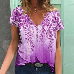 Casual Floral V Neck Short Sleeve T-shirt, T-shirts, color:Purplish Red|size:4XL, catalog Noracora shop