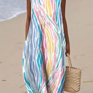 Women Geometric Summer Dress Crew Neck Sleeveless A-Line Dress, Dresses, color:Multicolor|size:4XL, catalog Noracora shop