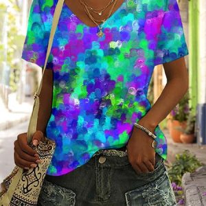 Casual Floral V Neck Short Sleeve T-shirt, T-shirts, color:Blue|size:5XL, catalog Noracora shop