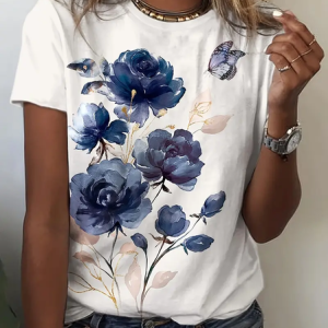 Women Floral Short Sleeve Tee T-shirt Crew Neck Printing Casual Summer Graphic Tee Top, JustFashionNow T-Shirts, color:White|size:XXL