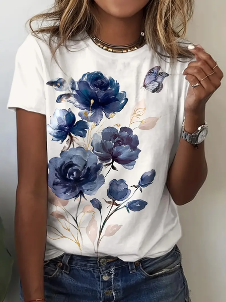 Women's Floral Print Casual Crew Neck Short Sleeve T-Shirt, T-shirts, Lilicloth.com - Image 3