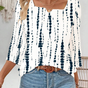 Notched Three Quarter Sleeve Striped Printing Regular Loose Blouse For Women, Blouses, color:White|size:XXL, catalog Noracora shop