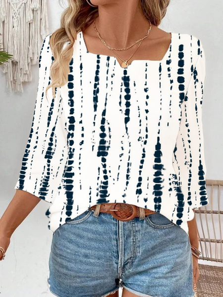 Women Striped Three Quarter Sleeve Blouse Spring/Fall Printing Notched Daily Casual Top, JustFashionNow Blouses, color:White|size:XXL,