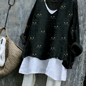 Vintage Cat V Neck Long Sleeve T-shirt, T-shirts, color:Black|size:4XL, catalog Noracora shop