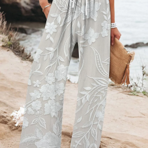 Women Floral Long Pant Casual Spring/Fall Trousers, JustFashionNow Pants, color:White|size:4XL,